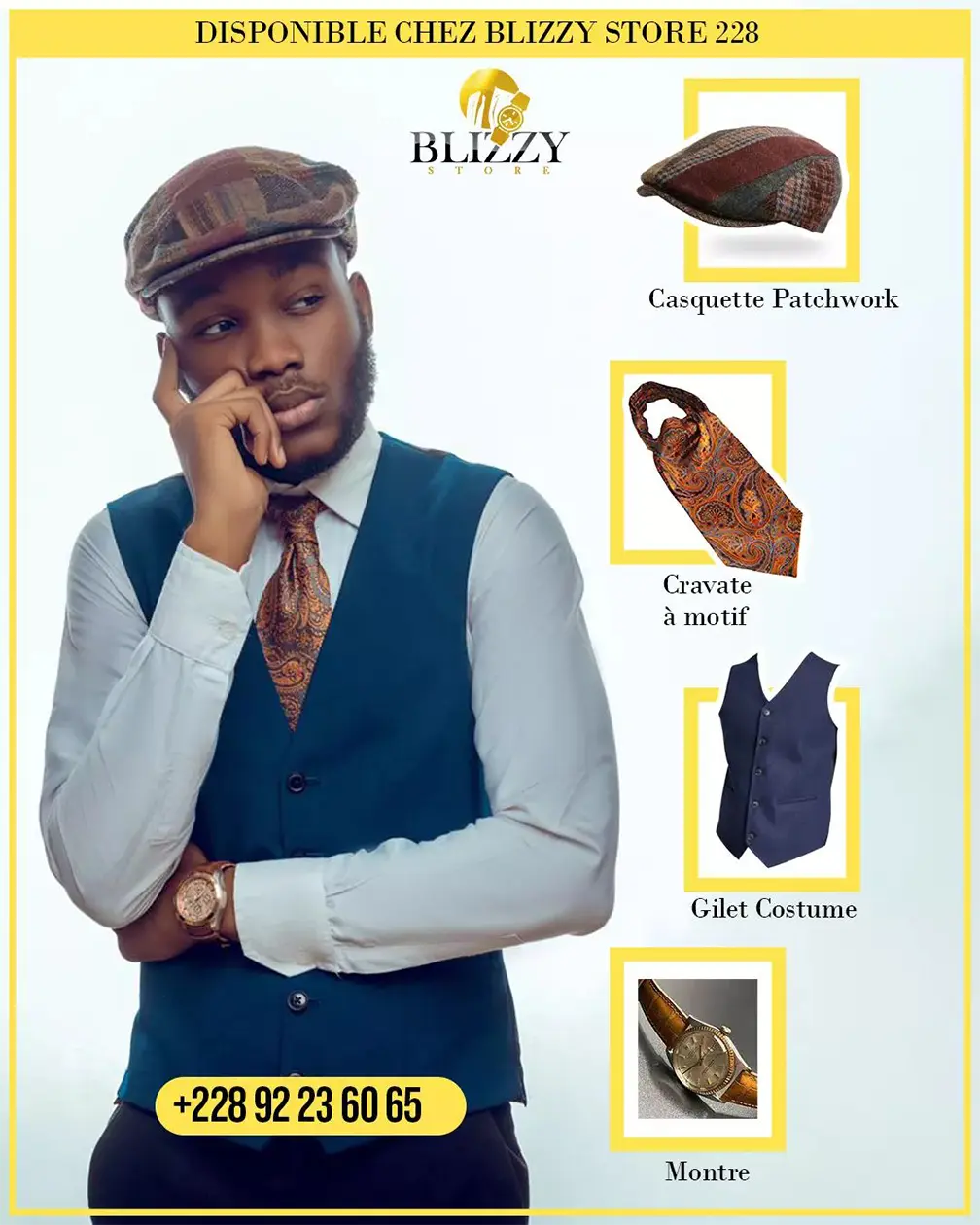 Look avec casquette patchwork, cravate à motif et manteau gris